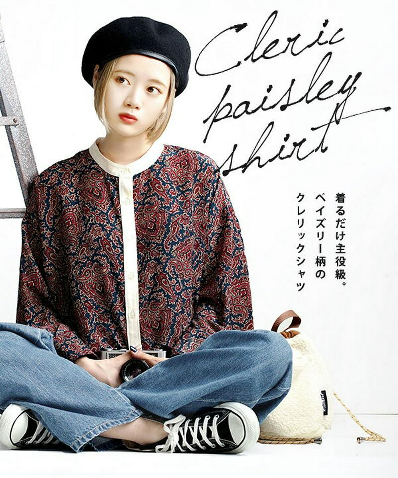 シャツ / 存在感抜群の 柄シャツ は、とろみのある素材で上品に。 レディース トップス シャツブラウス 長袖 スタンドカラー バンドカラー ゆったり 総柄 ペイズリー バンダナ柄 春 【メール便可22】◆クレリック ペイズリー柄シャツ