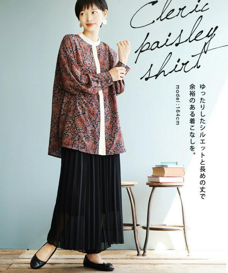 シャツ / 存在感抜群の 柄シャツ は、とろみのある素材で上品に。 レディース トップス シャツブラウス 長袖 スタンドカラー バンドカラー ゆったり 総柄 ペイズリー バンダナ柄 春 【メール便可22】◆クレリック ペイズリー柄シャツ
