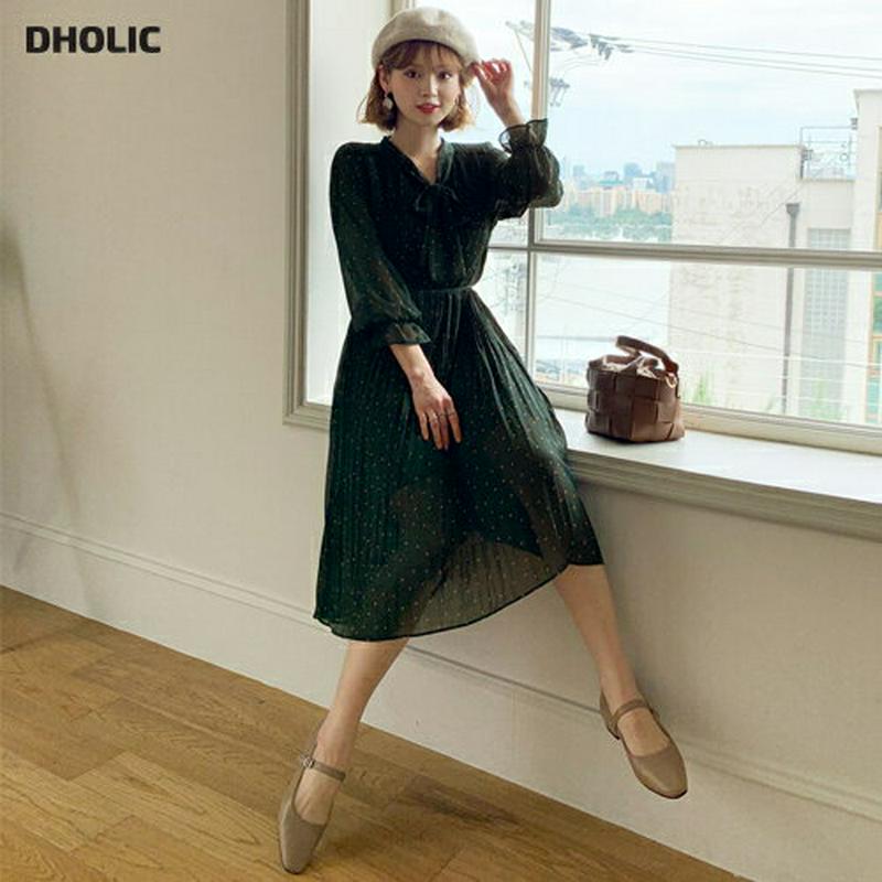 【タイム特価】≪人気商品再入荷≫ストラップ付リボンドットワンピース・全2色・b61020 レディース【ops】 韓国ファッション ワンピース ロングワンピース 長袖 リボン ネックリボン ドット柄 ドット ストラップ プリーツ プリーツワンピース 揺れ感 大人 秋【TS】セール