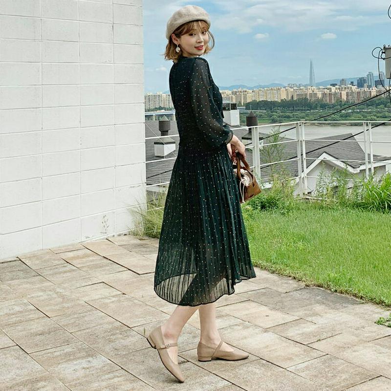 【タイム特価】≪人気商品再入荷≫ストラップ付リボンドットワンピース・全2色・b61020 レディース【ops】 韓国ファッション ワンピース ロングワンピース 長袖 リボン ネックリボン ドット柄 ドット ストラップ プリーツ プリーツワンピース 揺れ感 大人 秋【TS】セール