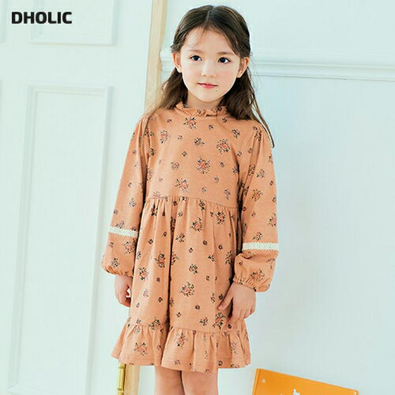 フリルネック花柄ワンピース(ピンク)・p006034 キッズ【3~8才】【ops】【ワンピース ミディ丈 ミディワンピース 長袖