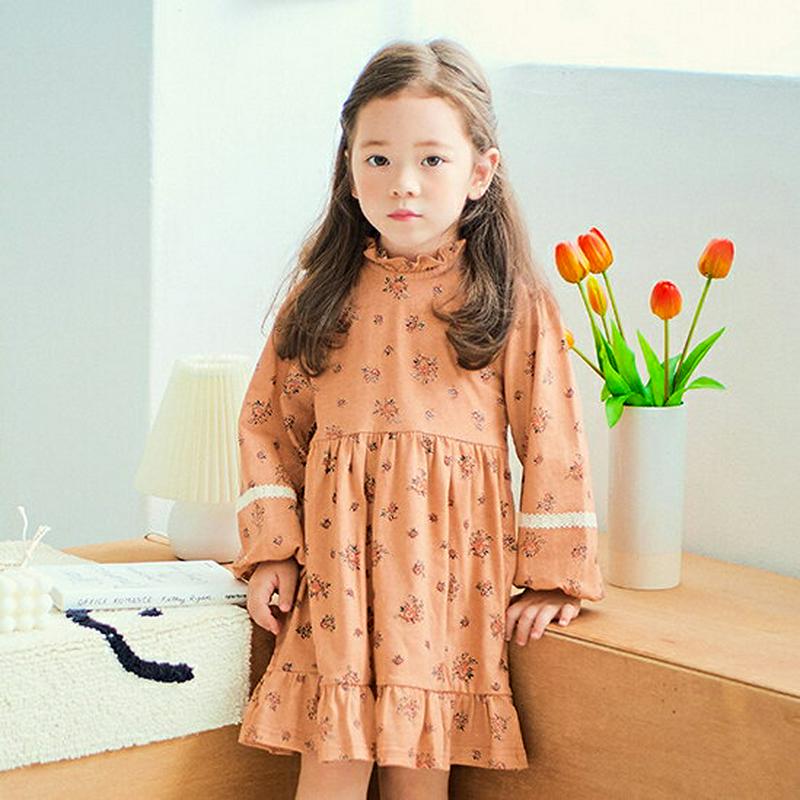 フリルネック花柄ワンピース(ピンク)・p006034 キッズ【3~8才】【ops】【ワンピース ミディ丈 ミディワンピース 長袖