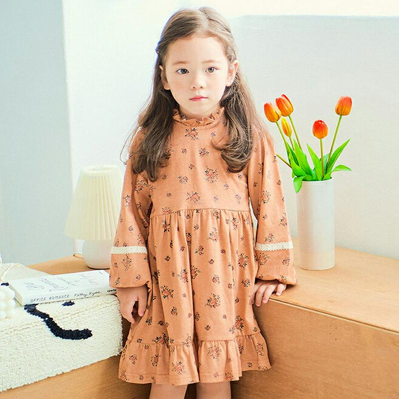 フリルネック花柄ワンピース(ピンク)・p006034 キッズ【3~8才】【ops】【ワンピース ミディ丈 ミディワンピース 長袖