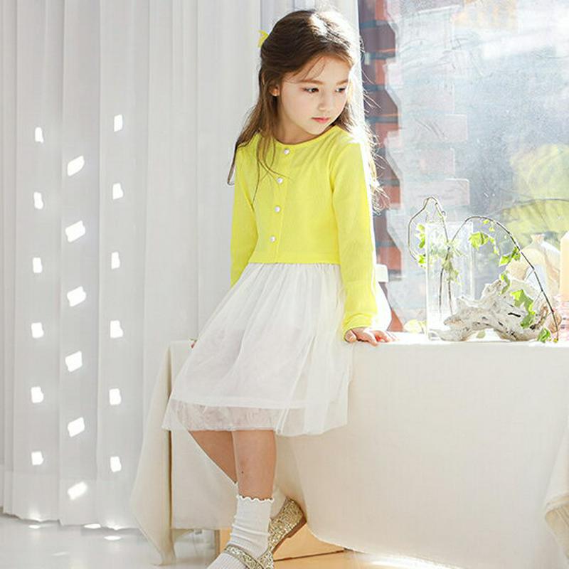 配色チュールワンピース(イエロー)・p005526 キッズ【3~8才】【ops】【ワンピース ミディ丈 ミディワンピース チュー