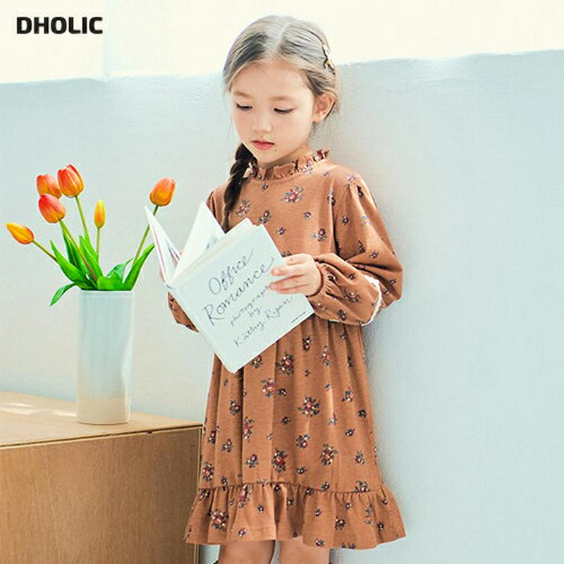 フリルネック花柄ワンピース(ブラウン)・p006036 キッズ【3~8才】【ops】【ワンピース ミディ丈 ミディワンピース 長