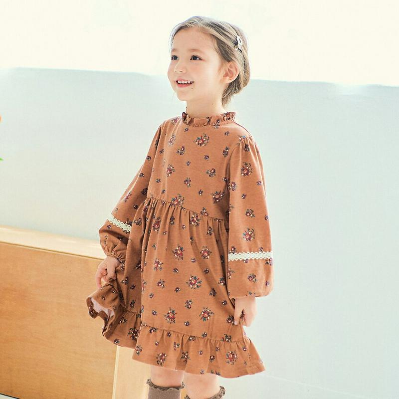 フリルネック花柄ワンピース(ブラウン)・p006036 キッズ【3~8才】【ops】【ワンピース ミディ丈 ミディワンピース 長