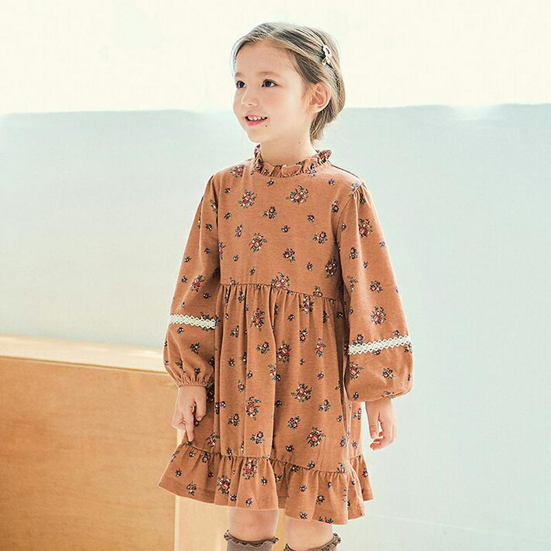 フリルネック花柄ワンピース(ブラウン)・p006036 キッズ【3~8才】【ops】【ワンピース ミディ丈 ミディワンピース 長