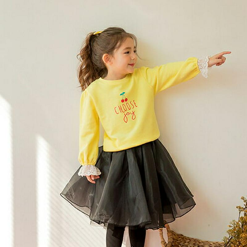 レースカフスチェリースウェット(イエロー)・p005639 キッズ【3~8才】【tops】【トップス スウェット 長袖 ラウンド
