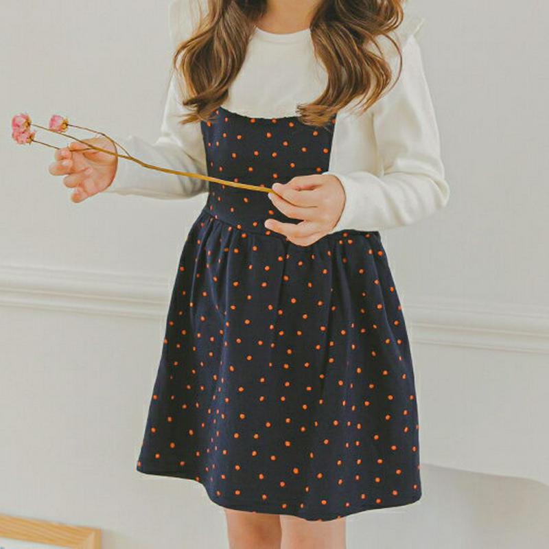 バッククロスドット柄ワンピース(ネイビー)・p006014 キッズ【3~8才】【ops】【ワンピース ミニ丈 ミニワンピース スリーブレス ストラップ バッククロス ドット柄 ガーリー かわいい 女の子 韓国 韓国子供服 子供 こども 子供服 こども服】【KIDS】