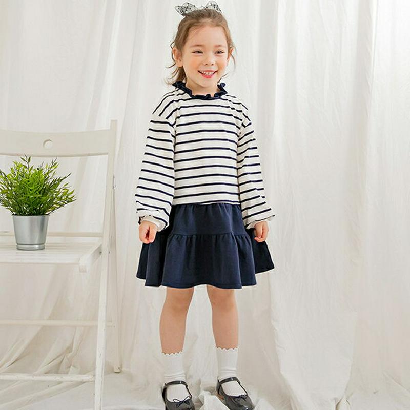 ボーダーティアードワンピース(ネイビー)・p005525 キッズ【3~8才】【ops】【ワンピース ミディ丈 ミディワンピース 