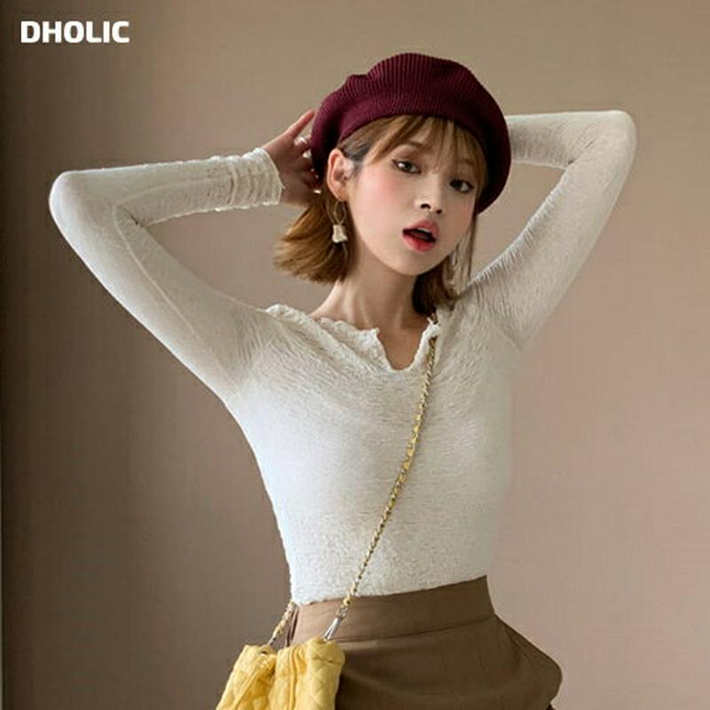 ネックスリットリンクルTシャツ・全5色・t61004 レディース【tops】【韓国 ファッション トップス Tシャツ ロングスリ