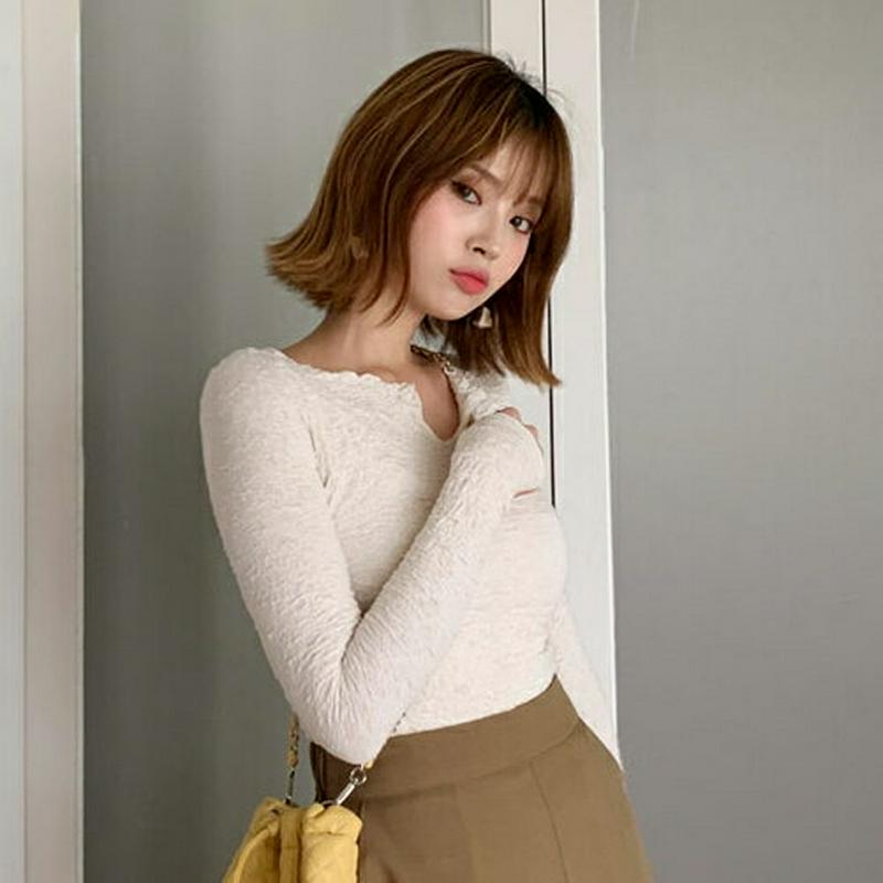 ネックスリットリンクルTシャツ・全5色・t61004 レディース【tops】【韓国 ファッション トップス Tシャツ ロングスリ
