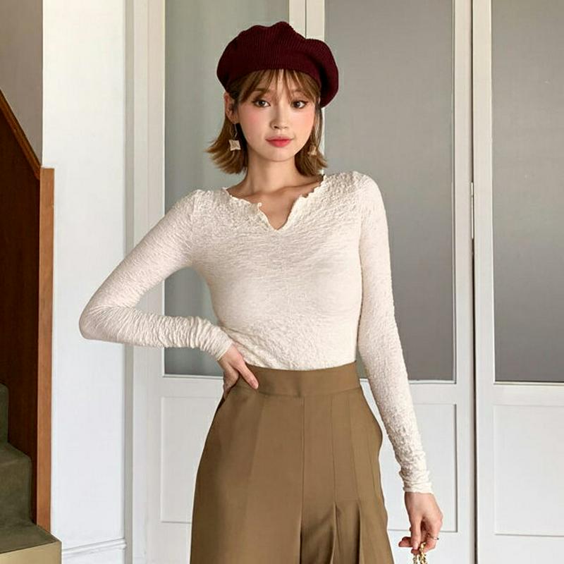 ネックスリットリンクルTシャツ・全5色・t61004 レディース【tops】【韓国 ファッション トップス Tシャツ ロングスリ