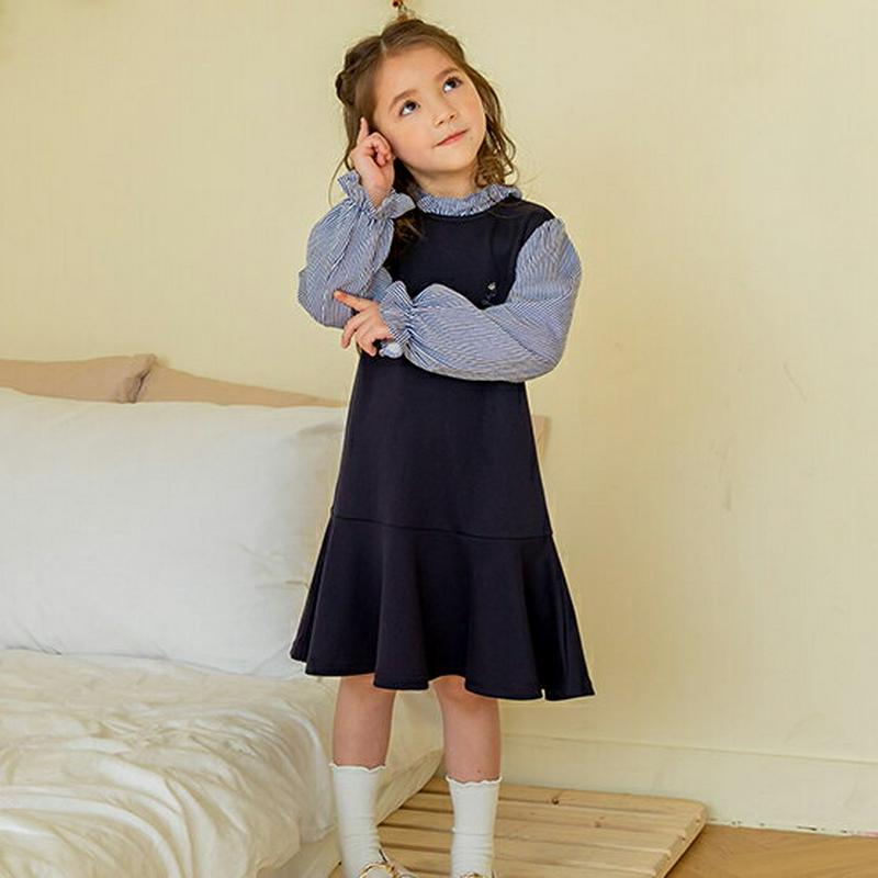 ストライプブラウスドッキングワンピース・p005527 キッズ【3~8才】【ops】【ワンピース ロング丈 ミディ丈 ミディワン