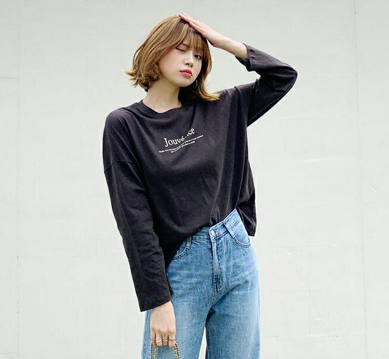 レタリングラウンドTシャツ・全4色・t61003 レディース【tops】【韓国 ファッション トップス Tシャツ ロングスリーブ