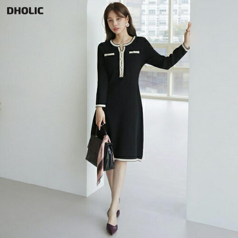 パールボタン配色ニットワンピース・全2色・b63994 レディース【ops】【ワンピース ミディ丈 ミディワンピース 長袖 フェ