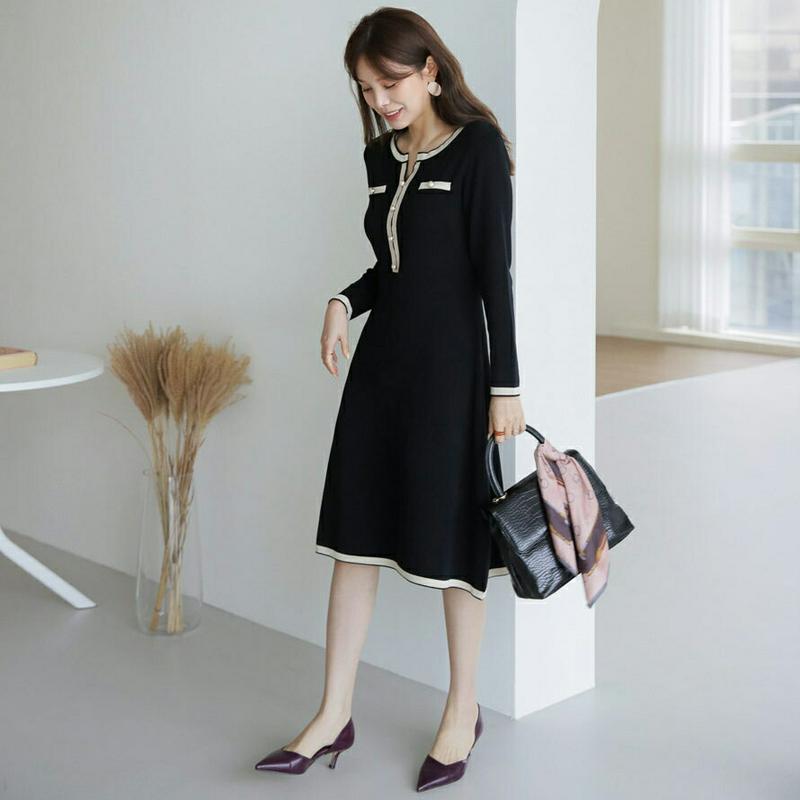 パールボタン配色ニットワンピース・全2色・b63994 レディース【ops】【ワンピース ミディ丈 ミディワンピース 長袖 フェ