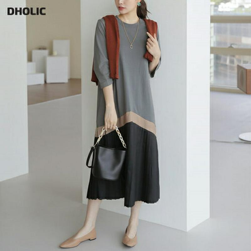 配色プリーツワンピース・全2色・b63988 レディース【ops】【ワンピース ロング ロングワンピース プリーツ プリーツワン