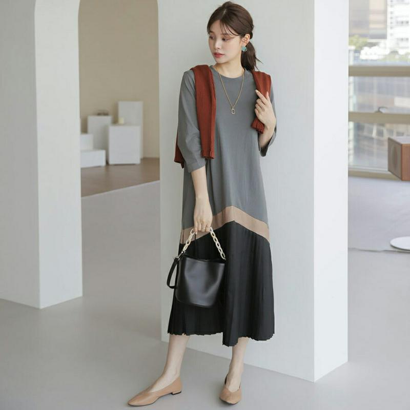 配色プリーツワンピース・全2色・b63988 レディース【ops】【ワンピース ロング ロングワンピース プリーツ プリーツワン