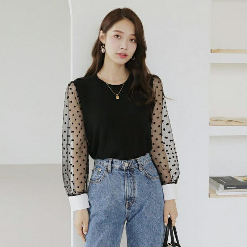 シアードットスリーブTシャツ・全3色・b63973 レディース【tops】【トップス Tシャツ 長袖 袖コンシャス 透け感 シア