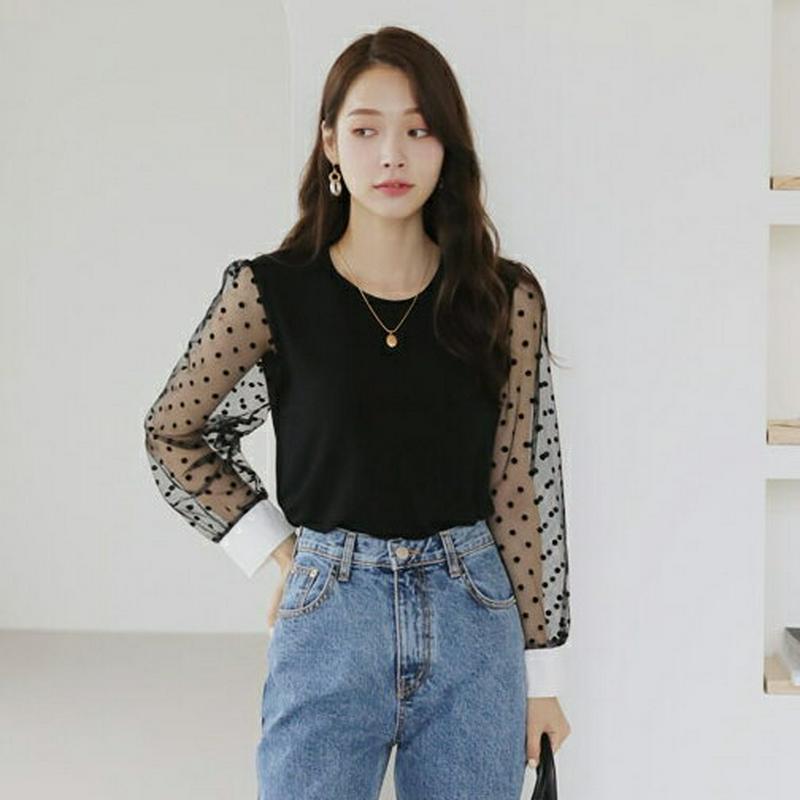 シアードットスリーブTシャツ・全3色・b63973 レディース【tops】【トップス Tシャツ 長袖 袖コンシャス 透け感 シア
