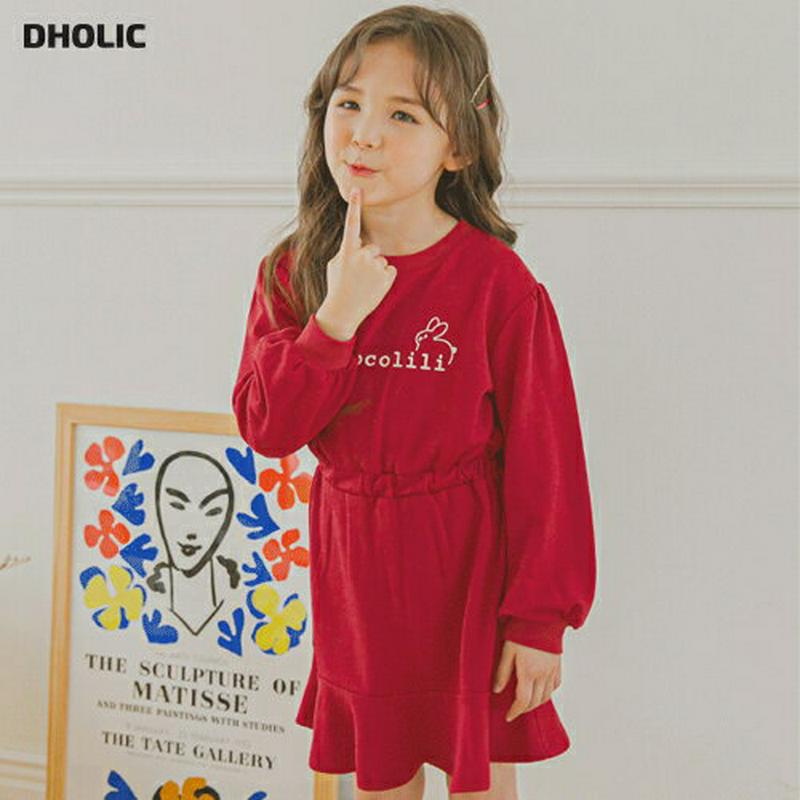 ラビットフレアワンピース(レッド)・p006020 キッズ【3~8才】【ops】【ワンピース ミディワンピース ミディ丈 フレア フレアワンピース ロゴ ウサギ シンプル カジュアル ガーリー かわいい 女の子 韓国 韓国子供服 こども 子供服 こども服】【KIDS】