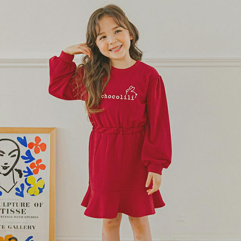 ラビットフレアワンピース(レッド)・p006020 キッズ【3~8才】【ops】【ワンピース ミディワンピース ミディ丈 フレア フレアワンピース ロゴ ウサギ シンプル カジュアル ガーリー かわいい 女の子 韓国 韓国子供服 こども 子供服 こども服】【KIDS】