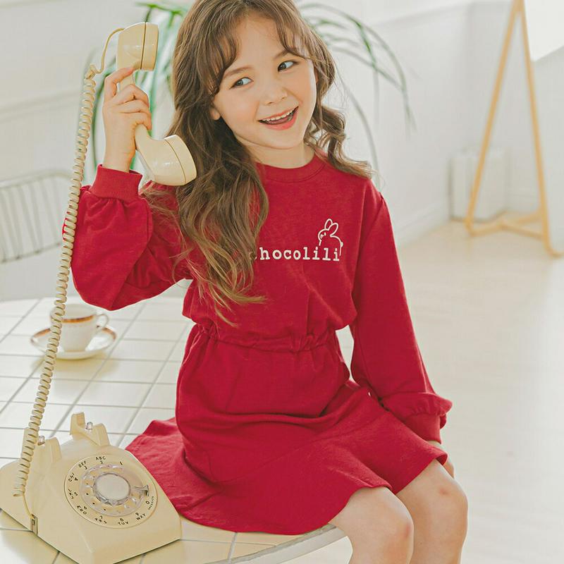 ラビットフレアワンピース(レッド)・p006020 キッズ【3~8才】【ops】【ワンピース ミディワンピース ミディ丈 フレア フレアワンピース ロゴ ウサギ シンプル カジュアル ガーリー かわいい 女の子 韓国 韓国子供服 こども 子供服 こども服】【KIDS】