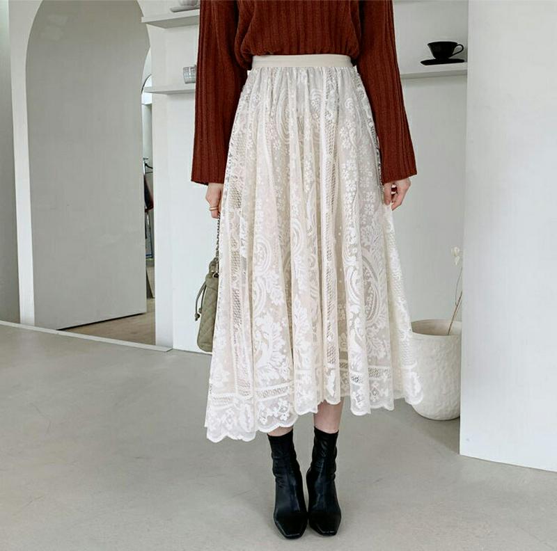 【新作10%OFF】レースフレアスカート・全2色・t56851 レディース【sk】【韓国 ファッション ボトムス スカート ロン