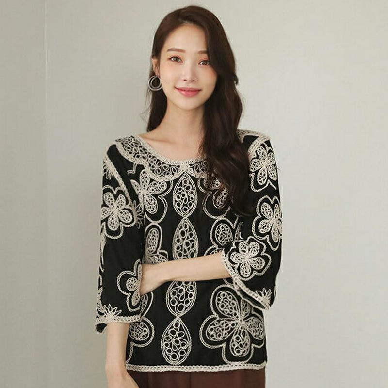 【新作10%OFF】フラワー刺繍ブラウス・全2色・b64056 レディース【bl】【トップス ブラウス 七分丈 七分袖 7分丈 