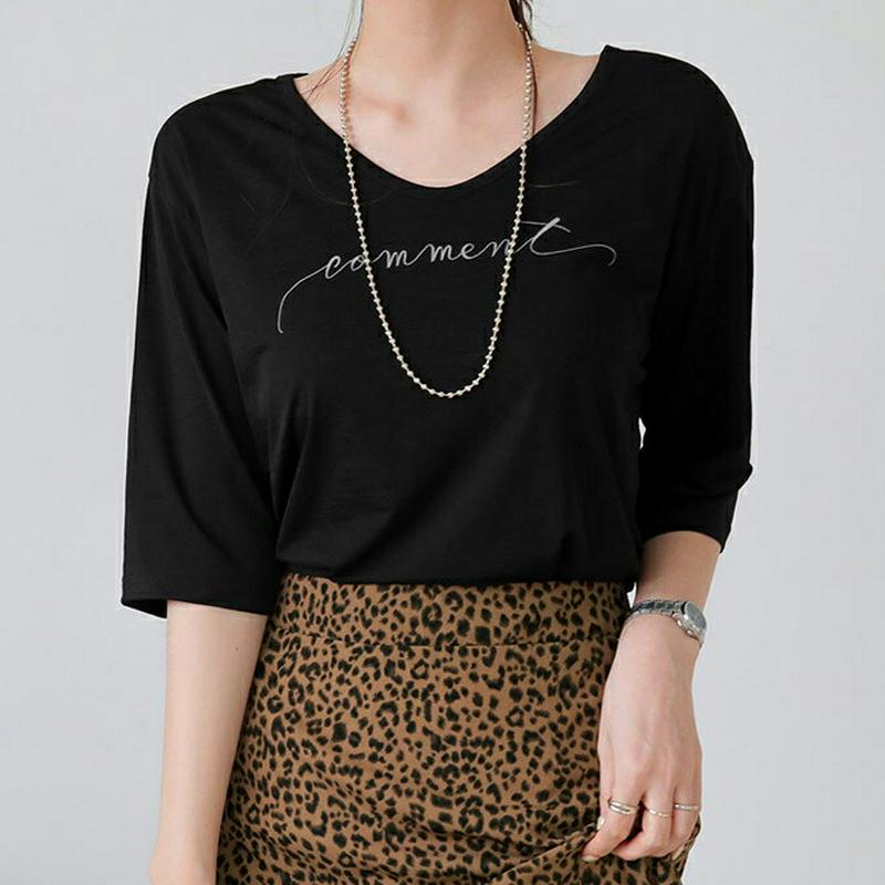 【新作10%OFF】レタリングUネックTシャツ・全4色・t64065 レディース【tops】【トップス Tシャツ 七分丈 七分袖