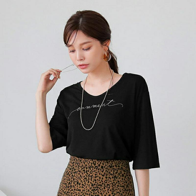 【新作10%OFF】レタリングUネックTシャツ・全4色・t64065 レディース【tops】【トップス Tシャツ 七分丈 七分袖