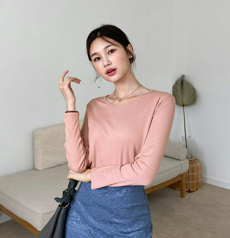 ラウンドリブTシャツ・全4色・b60689 レディース【tops】【韓国 ファッション トップス Tシャツ ロングスリーブ 長袖