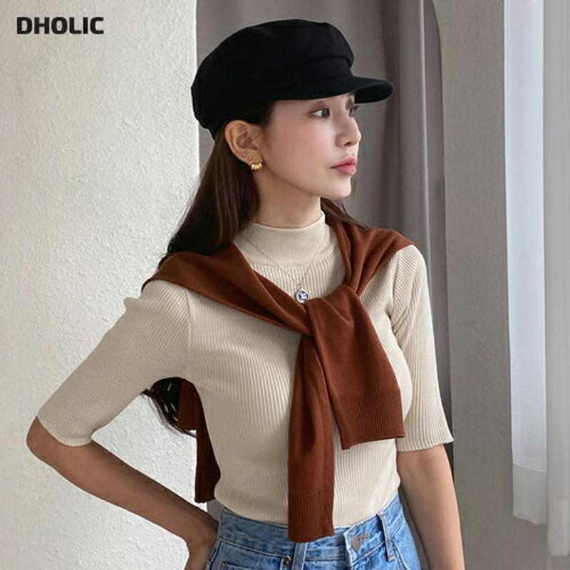 ≪人気商品再入荷≫ハーフネックリブニット・全3色・b47997 レディース【tops】 韓国ファッション トップス ニット ニットトップス 半袖 ハーフスリーブ ハーフネック リブ スリム シンプル カジュアル ベーシック 単色 無地 春 秋