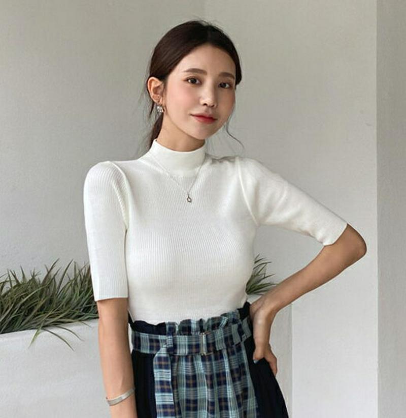 ≪人気商品再入荷≫ハーフネックリブニット・全3色・b47997 レディース【tops】 韓国ファッション トップス ニット ニットトップス 半袖 ハーフスリーブ ハーフネック リブ スリム シンプル カジュアル ベーシック 単色 無地 春 秋
