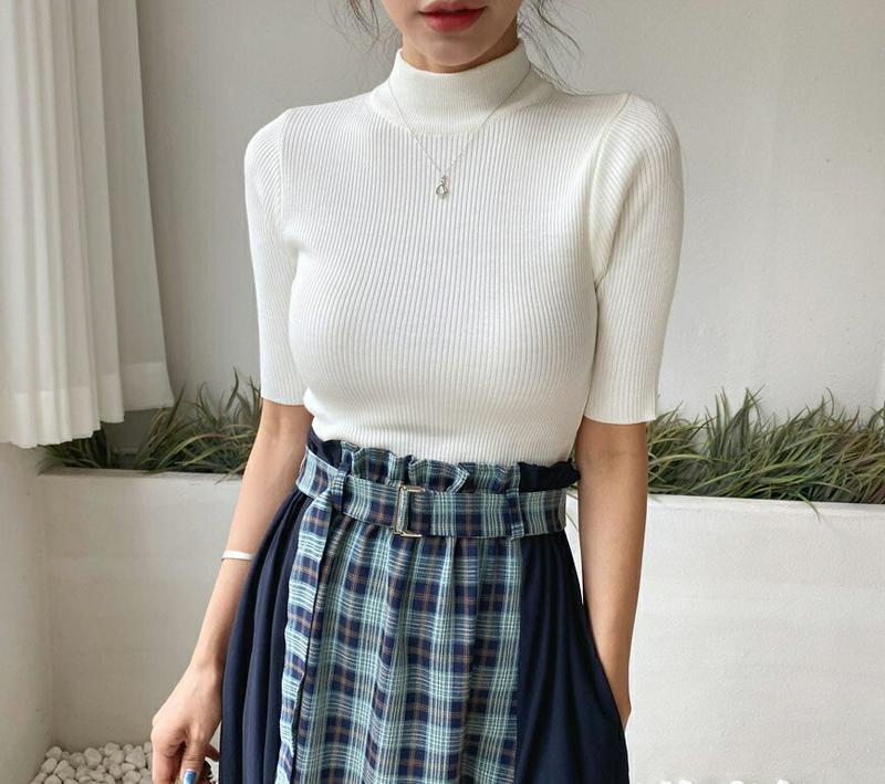 ≪人気商品再入荷≫ハーフネックリブニット・全3色・b47997 レディース【tops】 韓国ファッション トップス ニット ニットトップス 半袖 ハーフスリーブ ハーフネック リブ スリム シンプル カジュアル ベーシック 単色 無地 春 秋