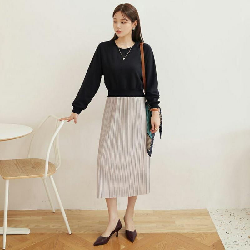 配色プリーツワンピース・全4色・b63937 レディース【ops】【ワンピース ロング ロングワンピース 長袖 プリーツ プリー