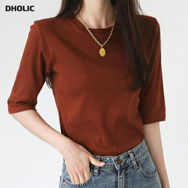 ラウンドリブTシャツ・全3色・e64109 レディース【tops】【韓国 ファッション トップス Tシャツ 半袖 ハーフスリーブ ラウンドネック リブ 単色 無地 シンプル カジュアル ベーシック ラフ 春 夏 秋】【ハイホリHIHOLLI】