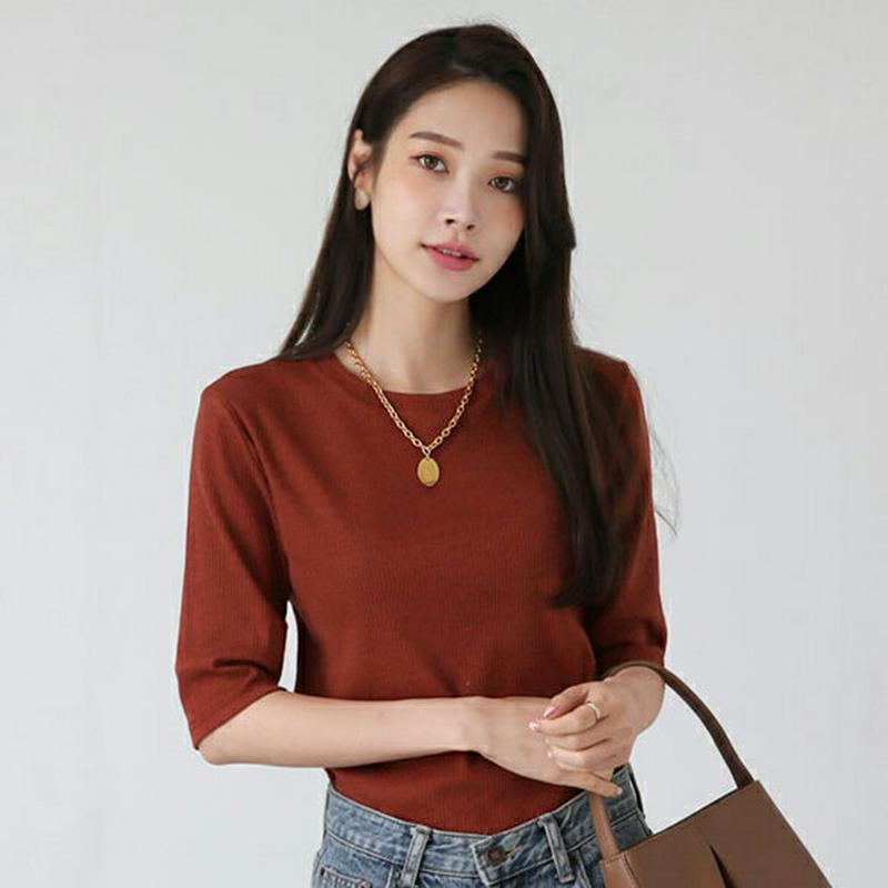 ラウンドリブTシャツ・全3色・e64109 レディース【tops】【韓国 ファッション トップス Tシャツ 半袖 ハーフスリーブ ラウンドネック リブ 単色 無地 シンプル カジュアル ベーシック ラフ 春 夏 秋】【ハイホリHIHOLLI】
