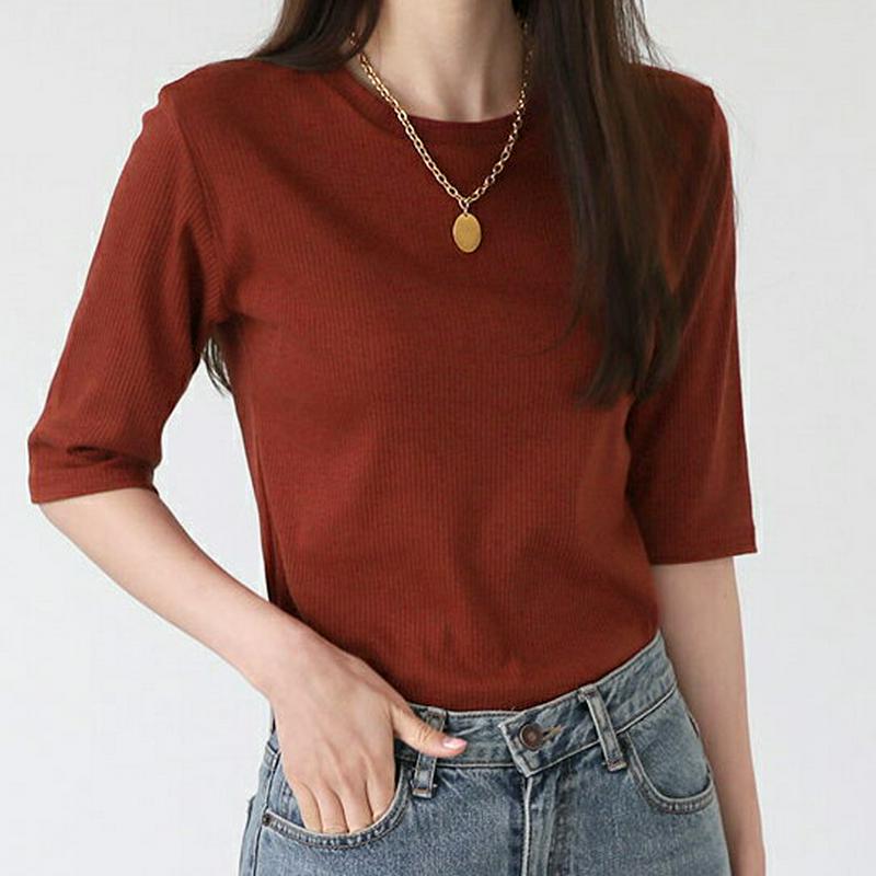 ラウンドリブTシャツ・全3色・e64109 レディース【tops】【韓国 ファッション トップス Tシャツ 半袖 ハーフスリーブ ラウンドネック リブ 単色 無地 シンプル カジュアル ベーシック ラフ 春 夏 秋】【ハイホリHIHOLLI】