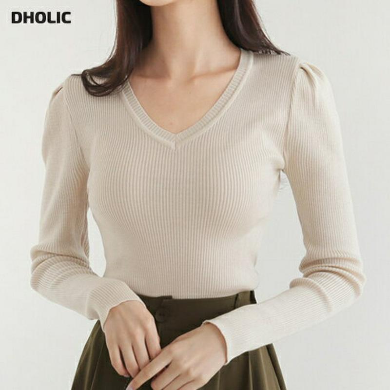 【新作10%OFF】Vネックリブパフニット・全4色・b60735 レディース【tops】【韓国 ファッション トップス ニット 