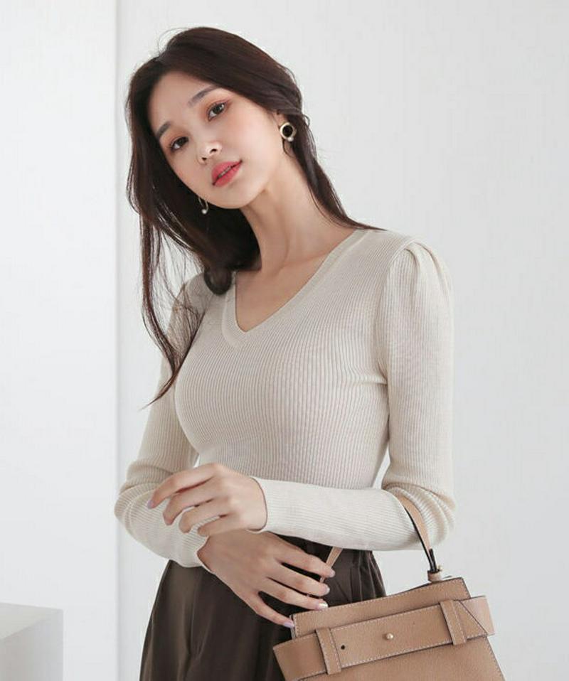 【新作10%OFF】Vネックリブパフニット・全4色・b60735 レディース【tops】【韓国 ファッション トップス ニット 