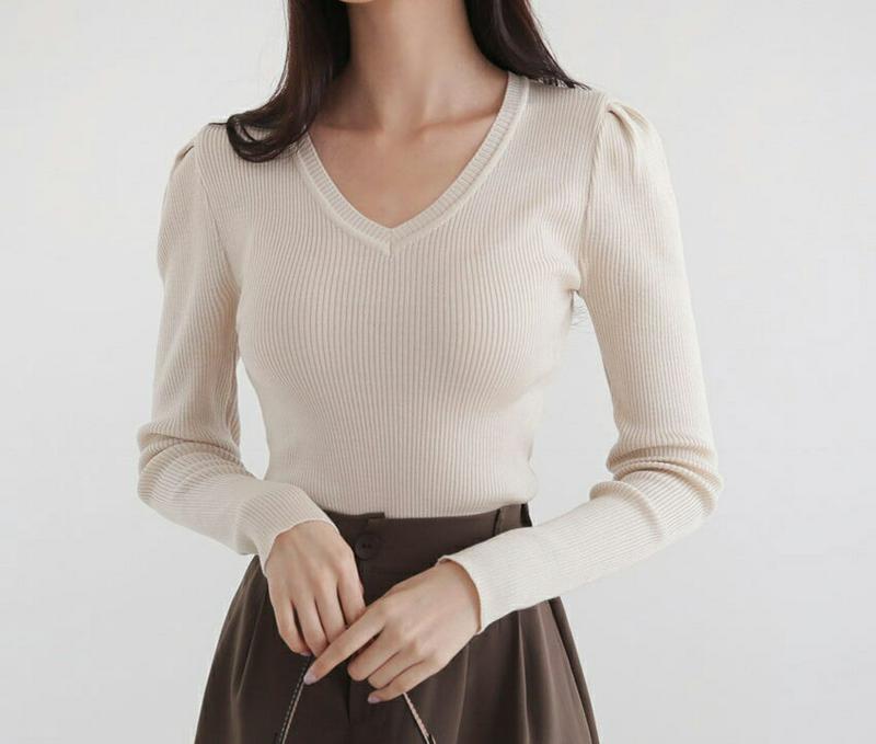 【新作10%OFF】Vネックリブパフニット・全4色・b60735 レディース【tops】【韓国 ファッション トップス ニット 