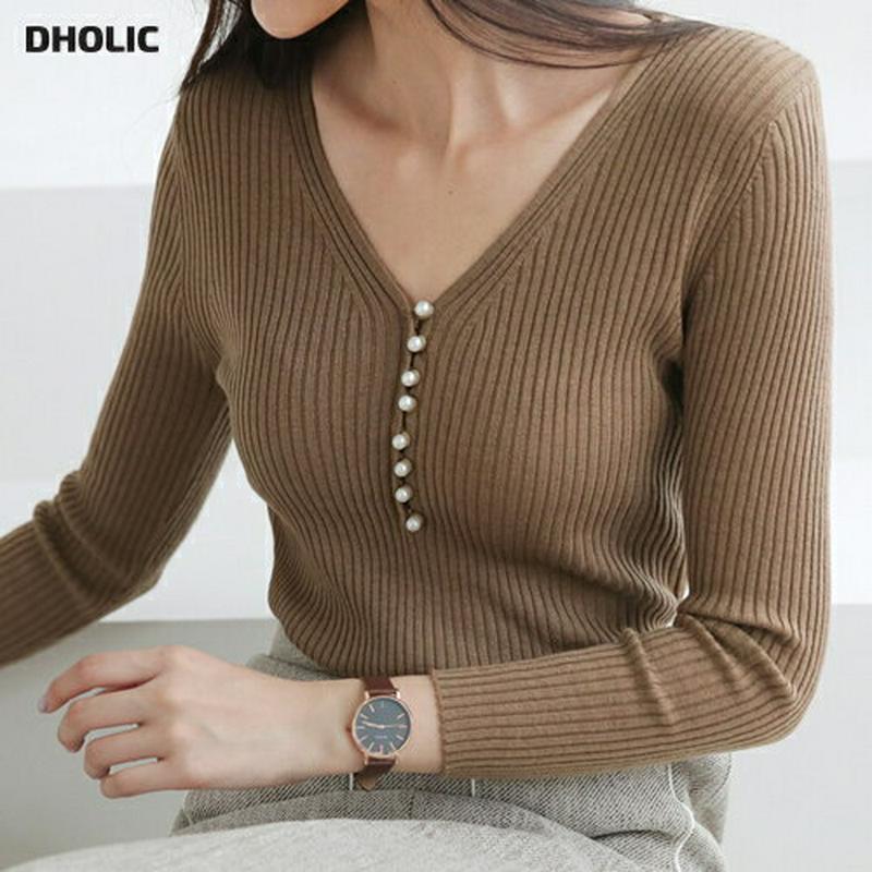 【新作10%OFF】パールボタンスリムニット・全2色・e60731 レディース【tops】【韓国 ファッション トップス ニット