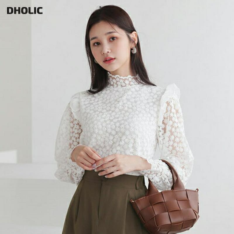 【只今セール】スカラップ刺繍シアーブラウス・全1色・e60746 レディース【bl】【韓国 ファッション トップス ブラウス ロングスリーブ 長袖 ハーフネック シアー シースルー 透け感 スカラップ フリル フローラル 刺繍 大人 上品 フェミニン 春 秋】【TI】