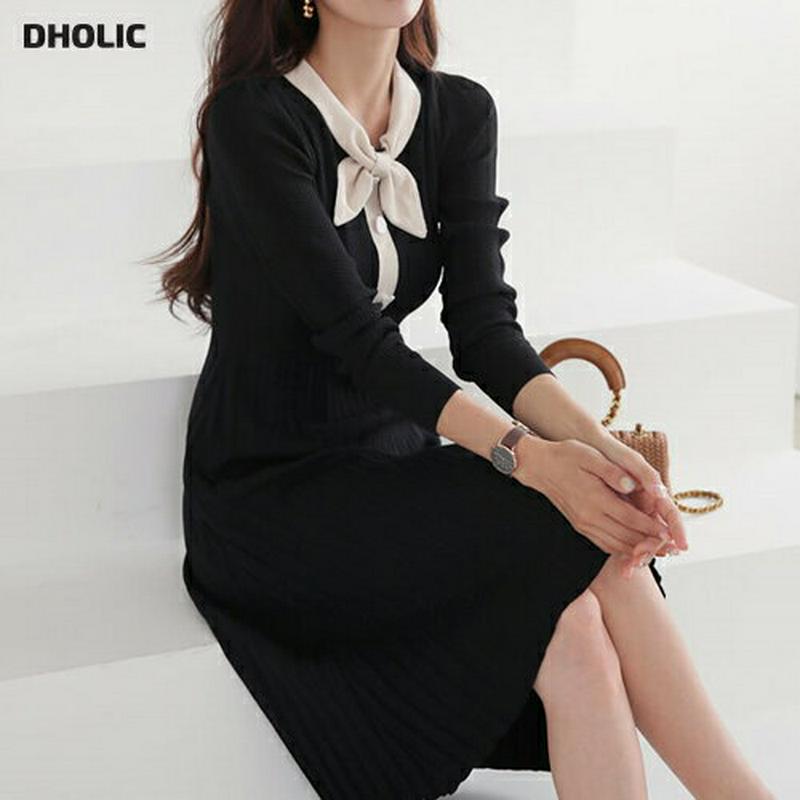 【只今10%OFF】配色リボンニットワンピース・全2色・b60749 レディース【ops】【韓国 ファッション ワンピース ミディワンピース ニット ニットワンピース ロングスリーブ 長袖 配色 リボン ネックリボン リブ プリーツ シンプル 大人 上品 フェミニン 秋】