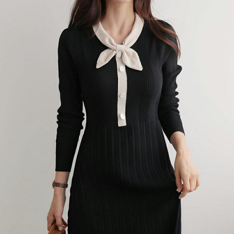 【只今10%OFF】配色リボンニットワンピース・全2色・b60749 レディース【ops】【韓国 ファッション ワンピース ミディワンピース ニット ニットワンピース ロングスリーブ 長袖 配色 リボン ネックリボン リブ プリーツ シンプル 大人 上品 フェミニン 秋】