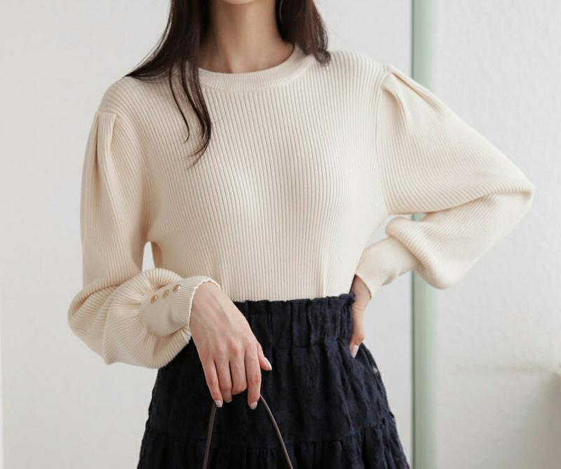 【新作10%OFF】ゴールドボタンパフニット・全5色・b60738 レディース【tops】【韓国 ファッション トップス ニット