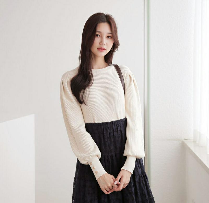 【新作10%OFF】ゴールドボタンパフニット・全5色・b60738 レディース【tops】【韓国 ファッション トップス ニット