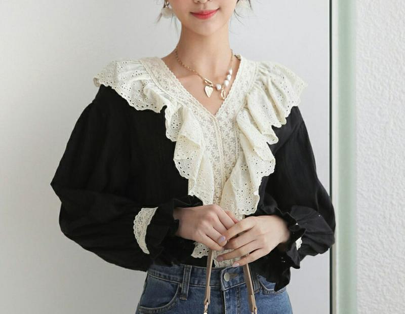 【新作10%OFF】アイレットラッフルレースブラウス・全3色・b60742 レディース【bl】【韓国 ファッション トップス ブ